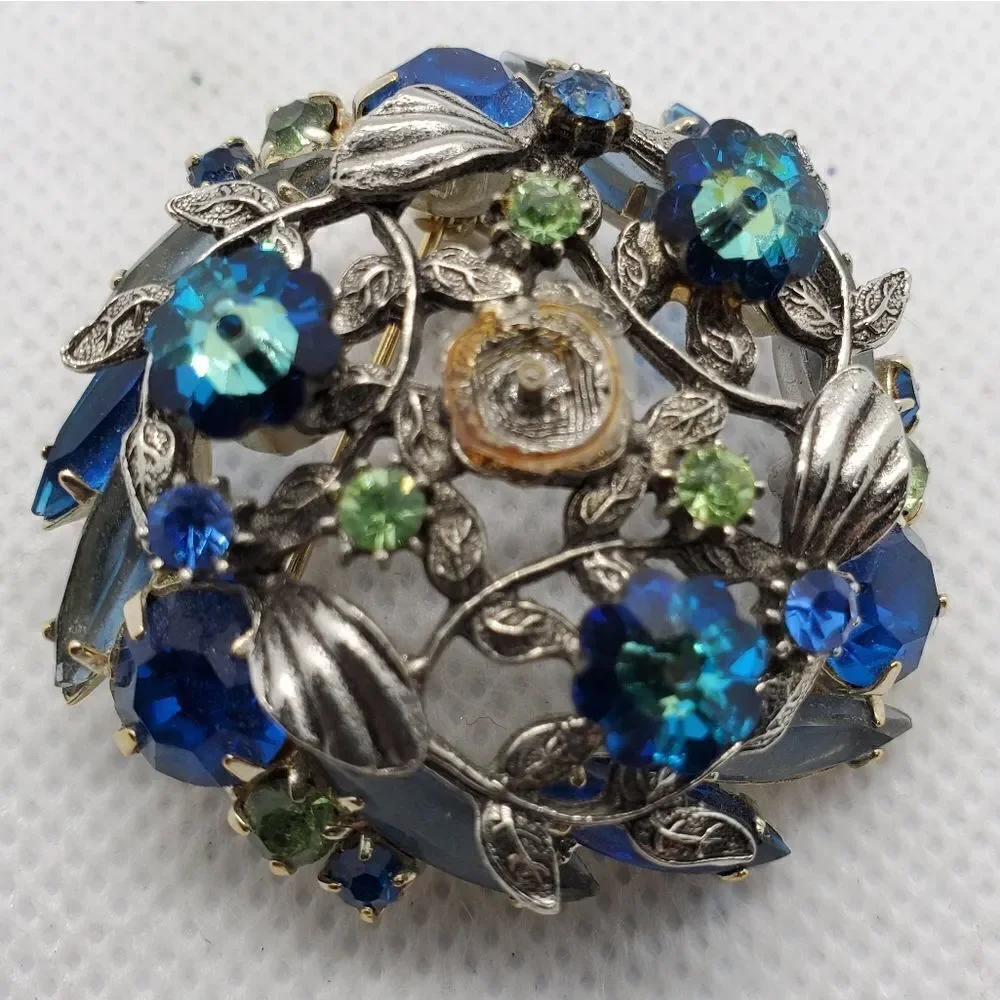 Vintage Blue, Green, & Silver Floral Brooch